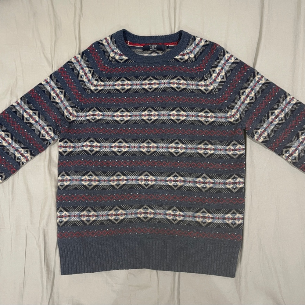 J. Crew Blue and White Crewneck Sweater with Fair Isle Pattern